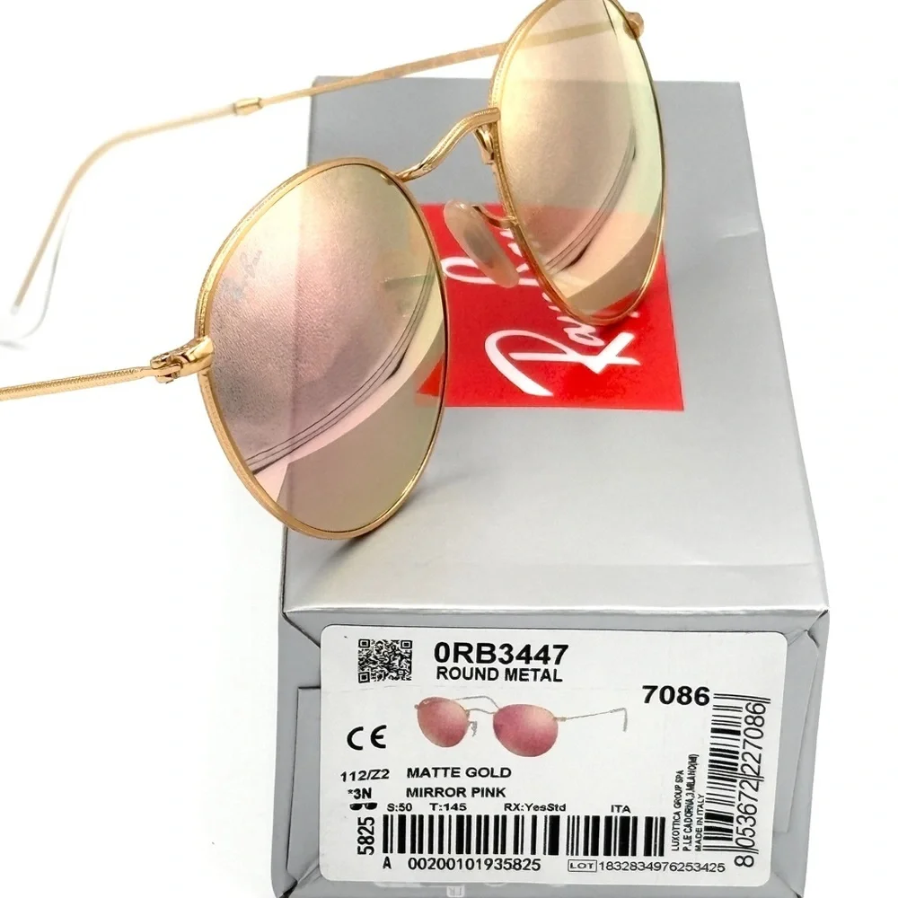 Ray-Ban Circle Pink Mirror Sunglasses RB3447 Gold Round Frame 001/Z2 50-21-145 - Picture 3 of 13
